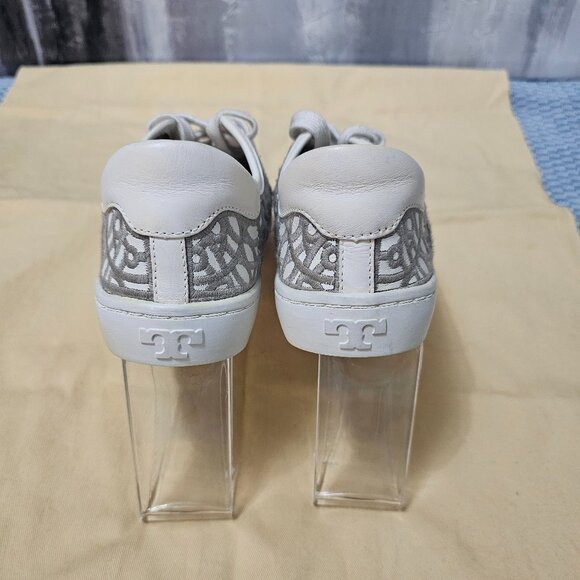 Tory Burch Rhea Lace Filigree Perforated Embroidered White/Gray Sneakers Size 6 - Picture 7 of 9